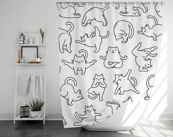 Rideau de douche imprimé chats de yoga mignons pour salle de bain, imperméable et lavable 71 x 71 pouces, croquis de chats, rideau de douche moderne imprimé animal, art de chats simples