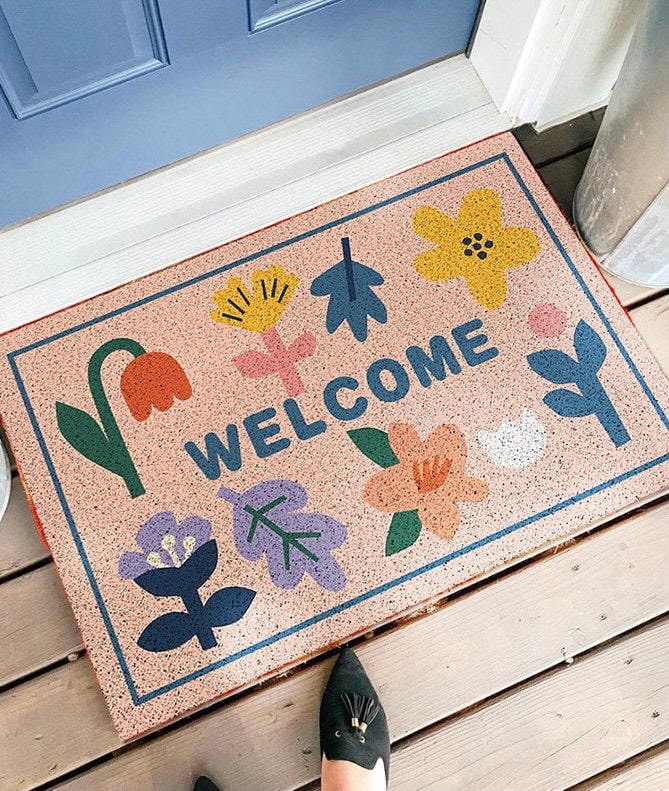 Pink Floral PVC Coil Doormat 75x45cm,60x90cm Cut to Size Coil FloorMat,Washable Entryway Doormat,Colourful Flowers Coil Dirt Removal Doormat