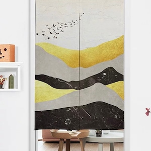 Tenda per porta moderna con paesaggio montano Noren, decorazione per la casa con arazzo da parete artistico, tenda in lino di cotone, arte astratta contemporanea su tessuto