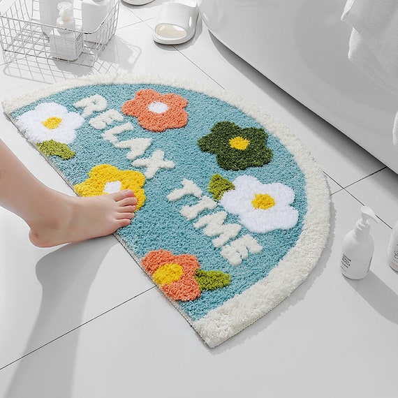 Blue Floral Plush Bath Mat 50x80cm Half Moon Shaped Bath Rugs