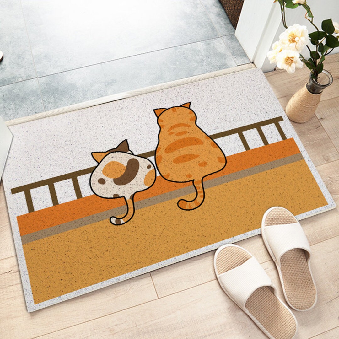 Hand Drawn Cute Two Waiting Cats Entryway Doormat, Dirt Remove Washable ...
