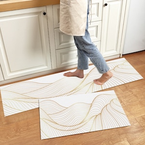 Pflegeleichte Vinyl-Küchenmatte, moderne Line Art Waschbar Anti-Ermüdungs-Anti-Rutsch-Küchen-Bodenmatte, Easy Clean Ölbeständige Küchen-Bodenmatte