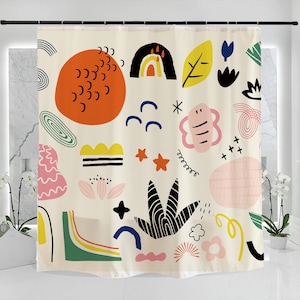 May include: A colorful shower curtain with a whimsical design featuring abstract shapes, stars, leaves, and flowers in shades of pink, orange, yellow, green, and blue on a cream background.