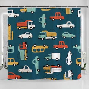Cortina de chuveiro de banheiro de carros coloridos desenhados à mão, lavável à prova d'água 71X71in, simples e moderno bonito carros ilustração decoração de quarto de berçário