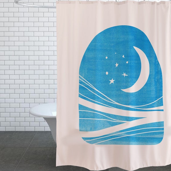 Blue Moon Shower Curtain, Cat Shower Curtain, Waterproof 71"X71" with Hooks, Unique design Kitten Mountain Top Art Shower Curtain