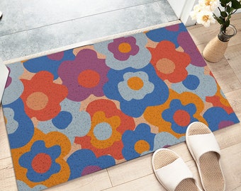 Entryway Doormat Colorful Little Flowers Print Coil Mat,Dirt Remove Washable Utility Door Mat,Indoor Outdoor CoilMat, Housewarming Idea