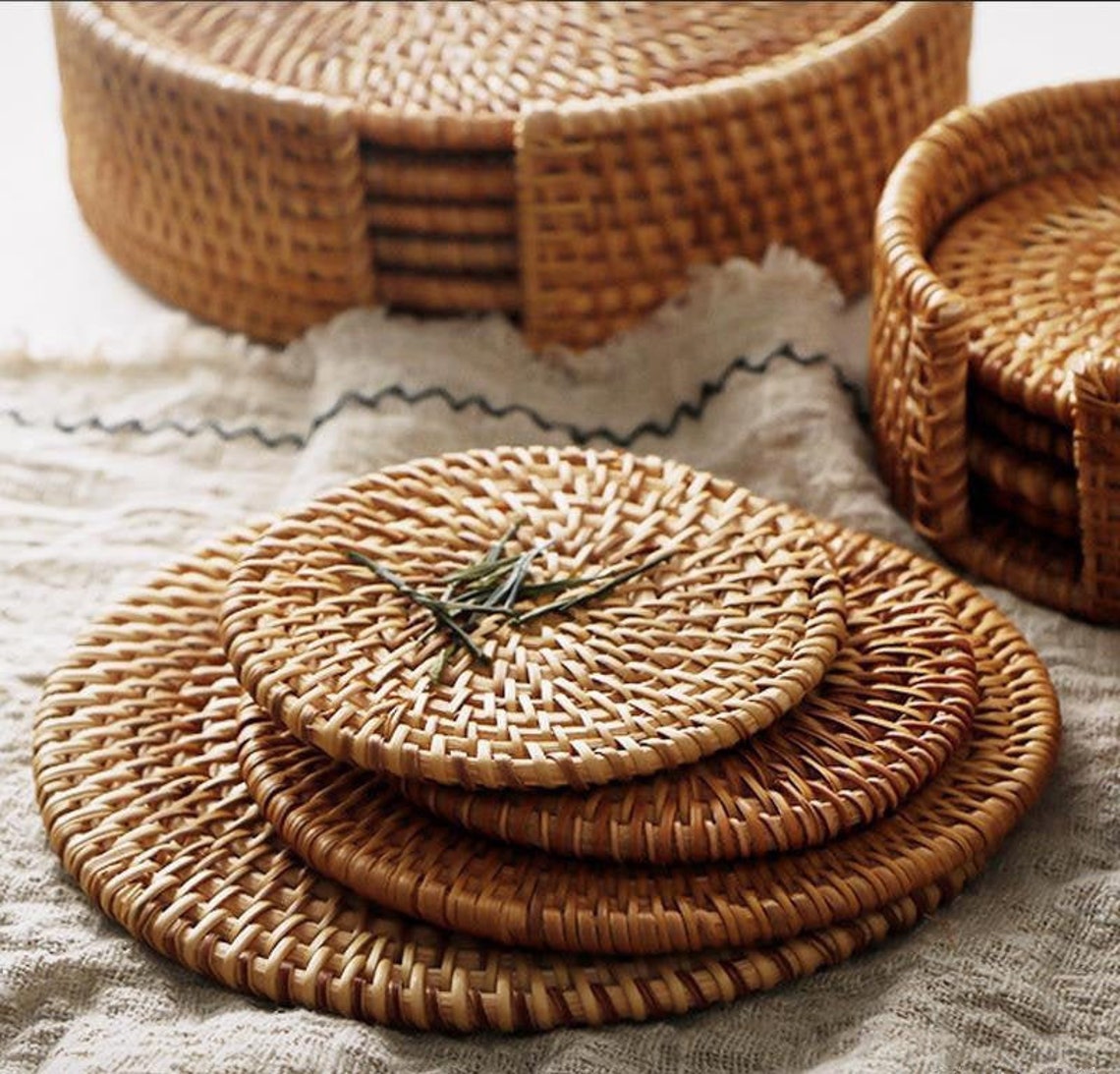 Handmade Rattan Coaster Wicker Coaster Set Round Straw Woven Etsy
