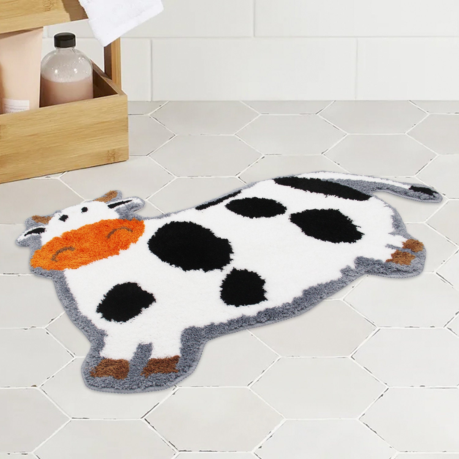 Cow Bath Mat Set Funny Rustic Wooden Farmhouse Highland Western Animal Low  Pile Flannel Bath Rug Toilet Cover U-Shaped Carpet