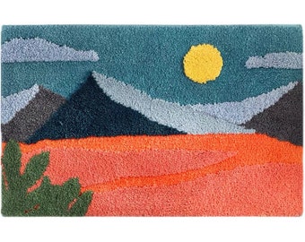 Handcrafted Bath Mat 50x80cm, Tufted Plush Bath Rugs, Washable Sun Glow Bathroom Decor Mat, Embossed Abstract Landscape Bathmat