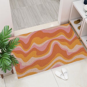 Entryway Doormat Pink Landscape Waves Print Coil Mat, Dirt Remove Washable Utility Door Mat,Indoor Outdoor Coil Mat, Housewarming Ideas