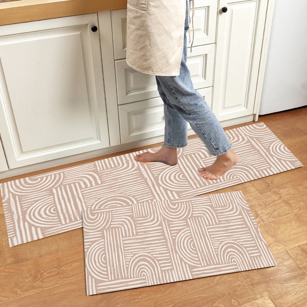 EasyCare Vinyl Küchenläufer Matte, ästhetische neutrale Farbe Linie Kunstdruck Anti-Fatigue-rutschfeste, leicht zu reinigende Küchenbodenmatte