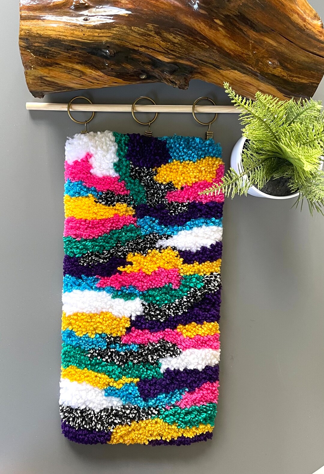 Latch Hook Wall Hanging, Bright Retro Technicolor Abstract Tapestry Art