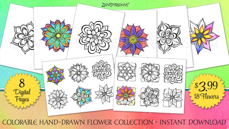 Zenspirations by Joanne Fink Flower Collection Instant Digital Download Printable to Color and Pattern image 1