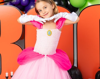 Disfraz de la Princesa Peach para niñas, disfraz de Mario para Halloween, vestido de Peach para niñas pequeñas, atuendo de princesa de Super Mario, vestido de princesa para fiesta de cumpleaños
