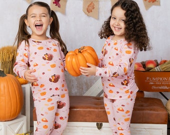 Girls Thanksgiving pajamas/ matching sibling Thanksgiving pajamas/ Thanksgiving pj's for girls  / Toddler girls Thanksgiving turkey outfit