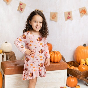 Girls&#39; Thanksgiving Dress: Turkey & Pie Print, Soft Bamboo Fabric