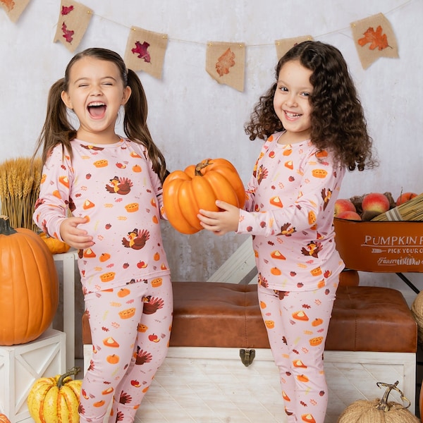 Girls Thanksgiving pajamas/ matching sibling Thanksgiving pajamas/ Thanksgiving pj's for girls  / Toddler girls Thanksgiving turkey outfit