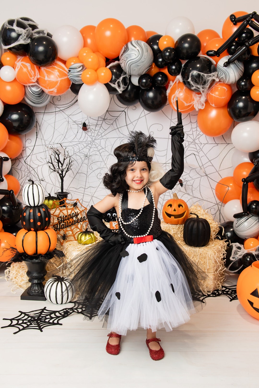Girls Cruella Costume: Dalmatian Halloween Tulle Dress