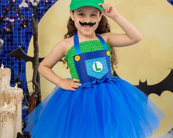 Vestido de tutú de Luigi para niñas: disfraz de Super Mario Bros. para Halloween con sombrero