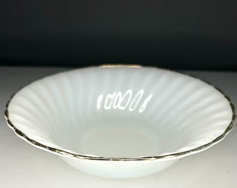 Vintage Anchor Hocking Fire King Milk Glass Swirl 8.5” Serving Bowl w/Gold Rim