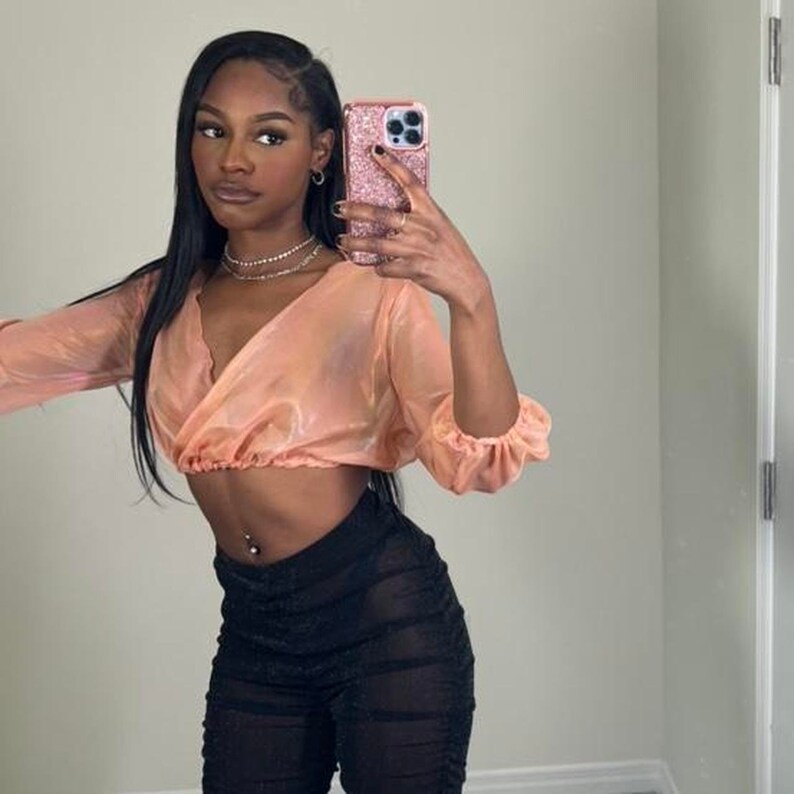 Orange Glitter See Through V Neck Mesh Crop Top. Etsy