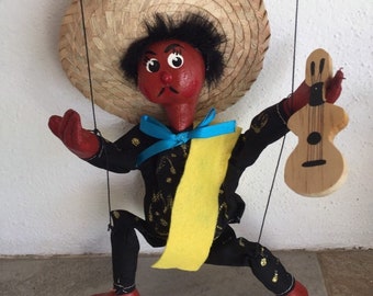 Mariachi puppet, Mexican marionette with a guitar and sombrero