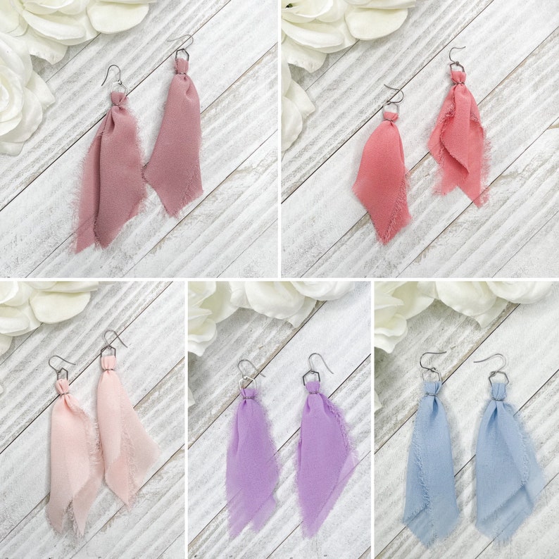 Pale pink chiffon fabric lightweight statement earrings in multiple lengths