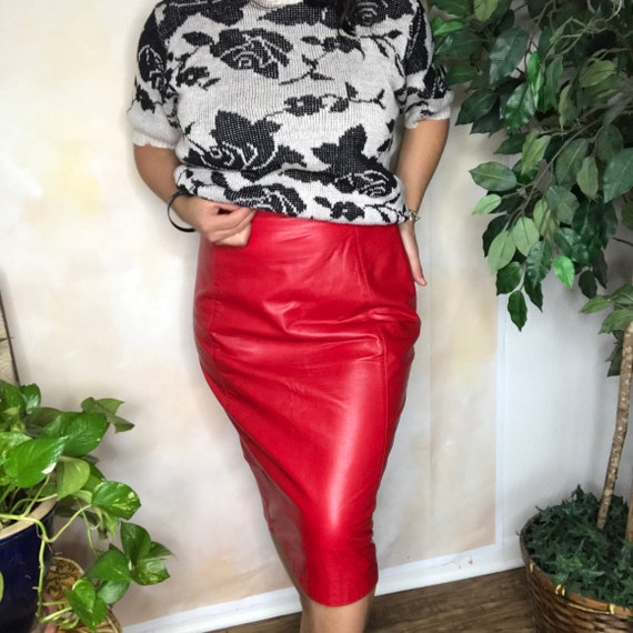 Vintage Ellen Tracy Red Leather Pencil Skirt