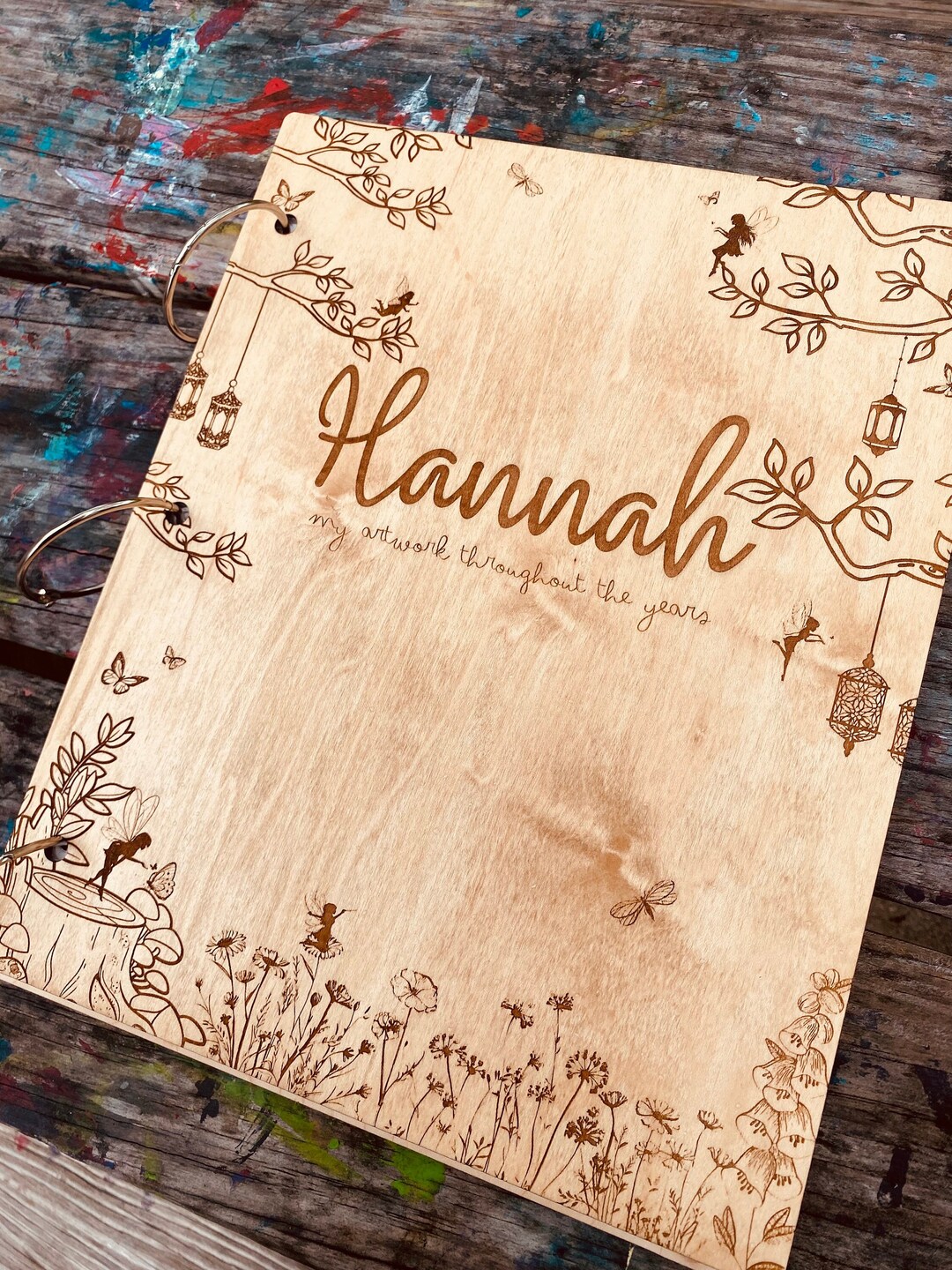 Fairy Garden Artwork Keeper, Engraved Wooden Art Organizer for School