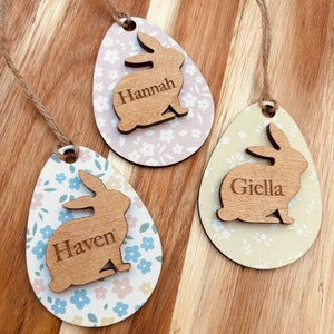 Personalized Floral Easter Basket Tag: Engraved Wood Bunny