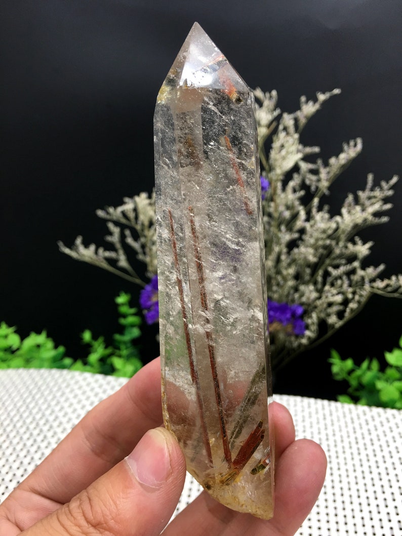 Rare Large Clear brown Rutilated Inclusions Quartz PointCrystal TowerGold Needles Crystal specimenspecial giftCrystal energyself stand
