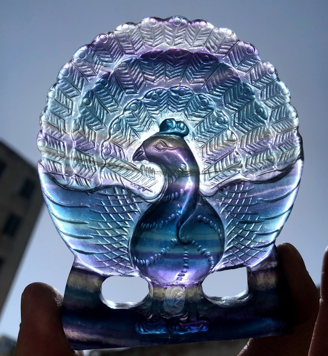 Hand Carved Raw Rainbow Color Fluorite Peacock /fluorite Cluster ...