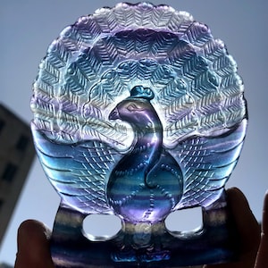 Hand carved raw rainbow color fluorite peacock /fluorite cluster carving decoration/color rock/healing stone/calm/Wicca/gift