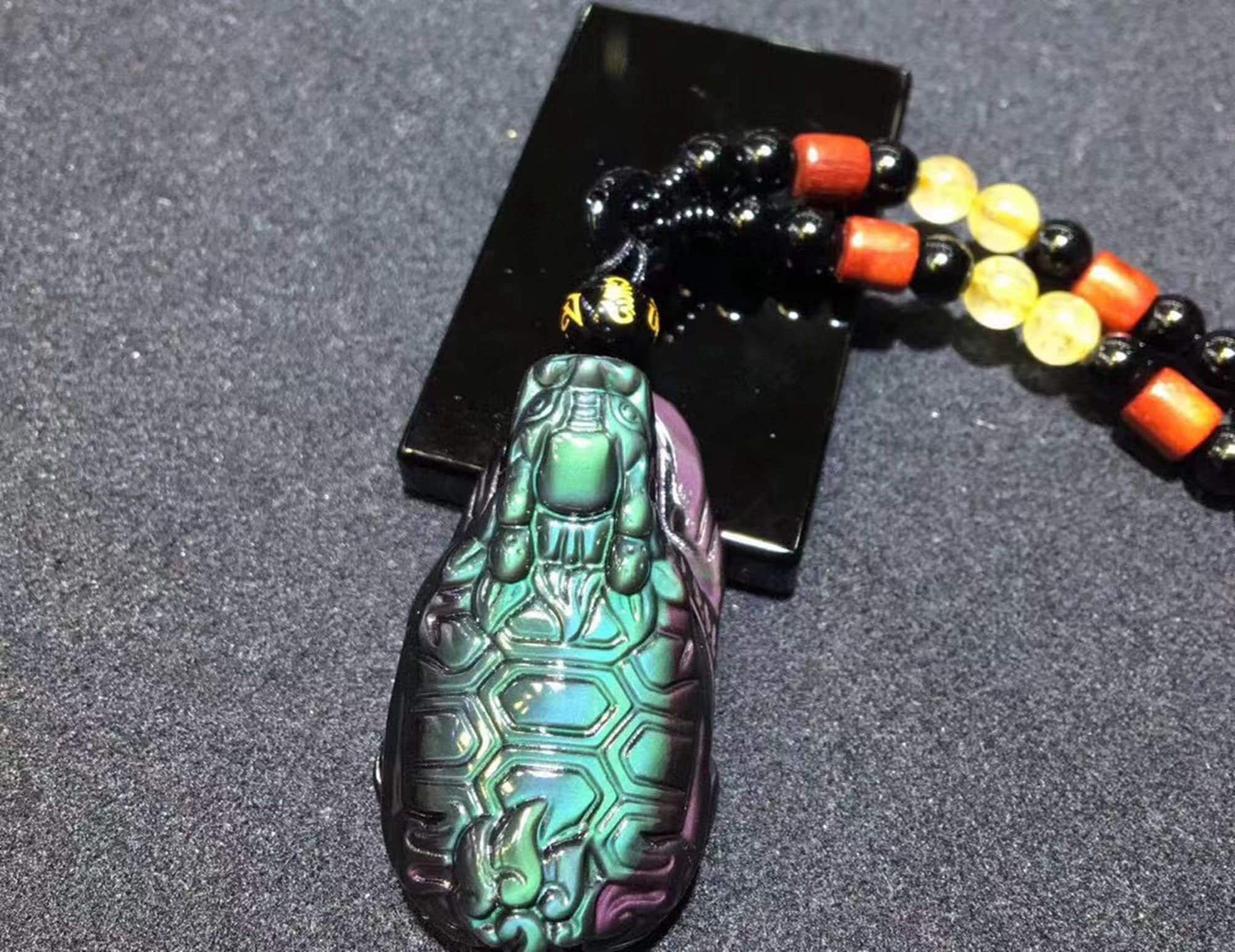 Natural rainbow obsidian eye carving Dragon Turtle pendant Bead Chain Natural rainbow obsidian eye carving Dragon Turtle pendant Bead Chain
