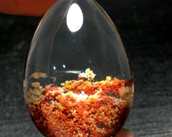 May include: A clear quartz crystal with a red and orange inclusion resembling a landscape. The inclusion is visible through the clear quartz.