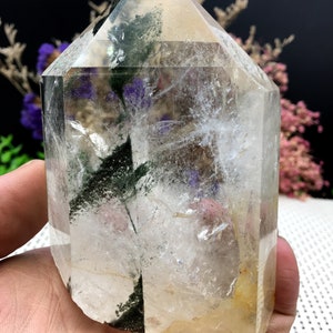Rare Natural Large Included Garden Green Phantom Quartz Tower /Scenic Quartz Point/lodalite/energy stone/healing crystal/special gift