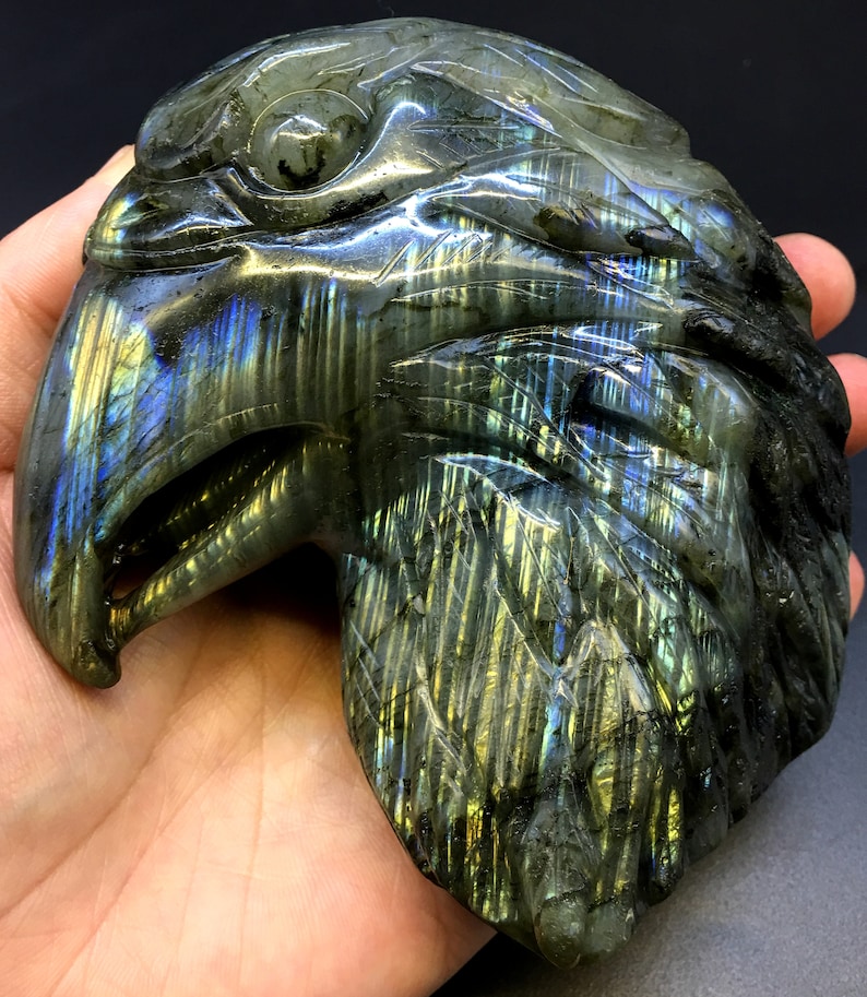 Hand carved Labradorite eagleShiny Polished Labradorite JewelryChakra ReikiHome Decorcollectibles 802g#HJ39