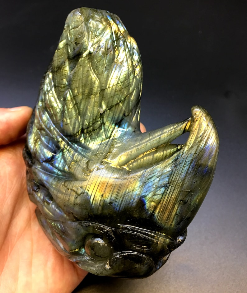 Hand carved Labradorite eagleShiny Polished Labradorite JewelryChakra ReikiHome Decorcollectibles 802g#HJ39
