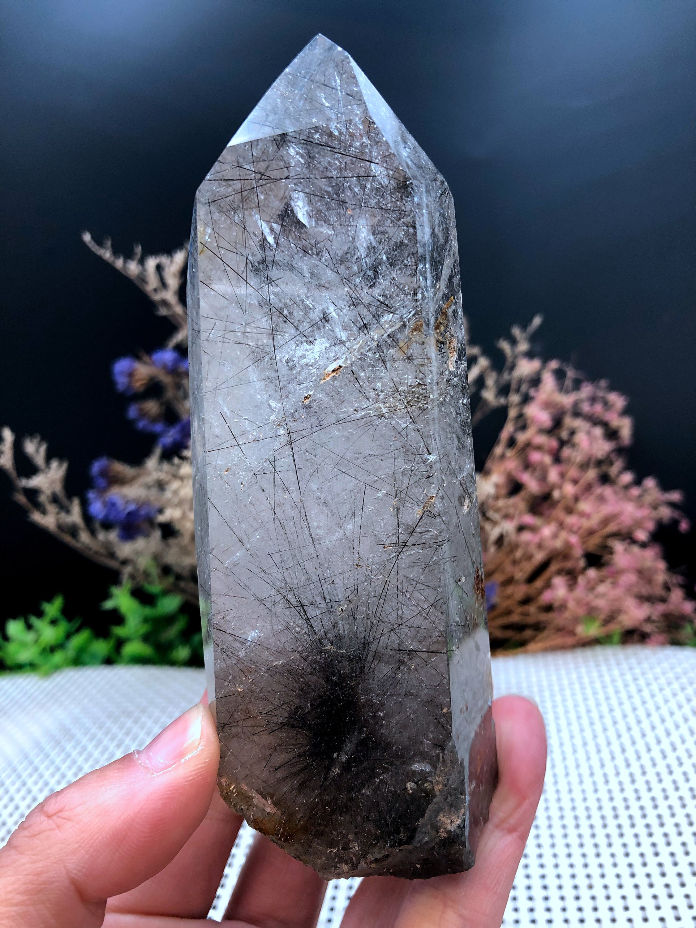 Rare Large Clear black Rutilated Inclusions Quartz Point/Crystal Tower/Gold Needles Crystal specimen/special gift/Crystal energy/self stand