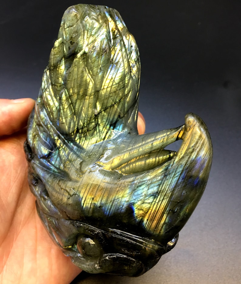 Hand carved Labradorite eagleShiny Polished Labradorite JewelryChakra ReikiHome Decorcollectibles 802g#HJ39