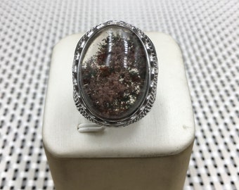 Rare Natural Large Included Garden Green Phantom Quartz ring/Scenic Quartz ring/lodalite/gift/Men&#39;s ring/Silver plated ring inlay.