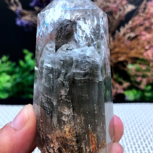 Rare Natural Large Included Garden Green Phantom Quartz Tower /Scenic Quartz Point/lodalite/energy stone/healing crystal/special gift