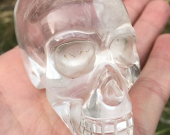 フクロウの彫刻が施された透明水晶のスカル ～ 大型 6ポンド15オンス