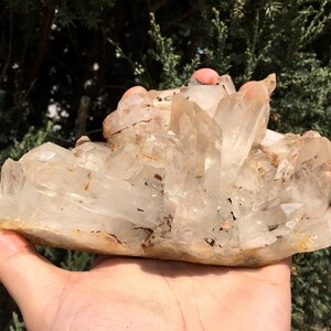 Peut inclure: Un grand amas de cristaux de quartz transparents avec une base brun rougeâtre. Les cristaux sont disposés en amas, certains pointant vers le haut et d'autres vers le bas. Les cristaux sont transparents et ont un éclat vitreux.
