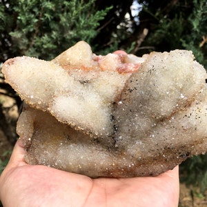 May include: A cluster of white quartz crystals with a brown and orange base. The crystals are clustered together in a rough, organic shape.