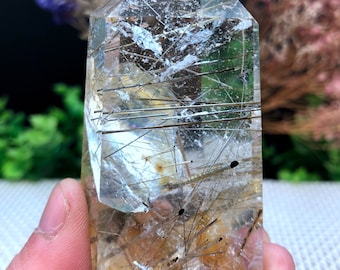 Rare Large Clear black Rutilated Inclusions Quartz Point/Crystal Tower/Gold Needles Crystal specimen/special gift/Crystal energy/self stand