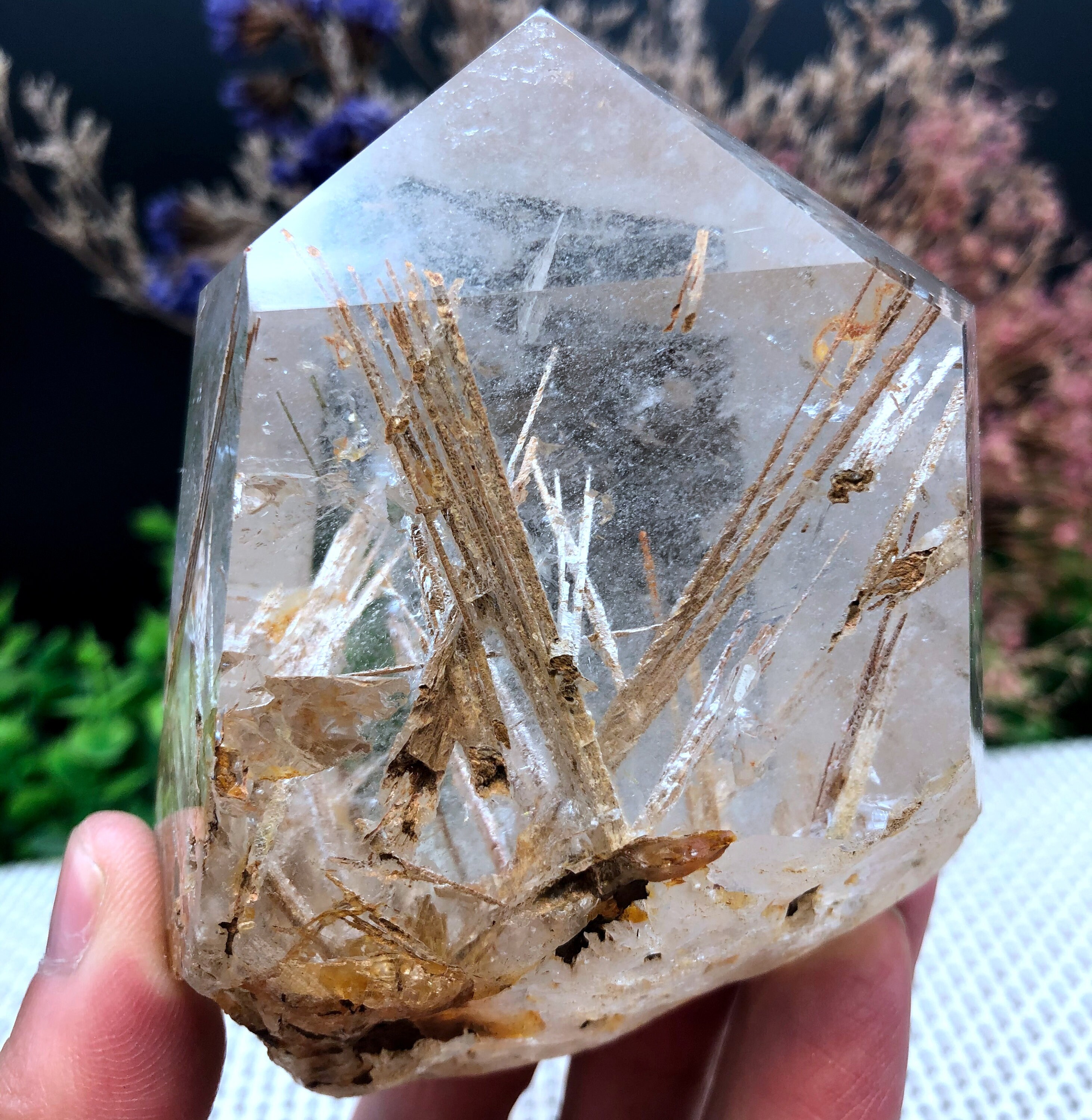 Rare Large Clear Brown Rutilated Inclusions Quartz Point/Crystal Tower/Gold Needles Crystal specimen/special gift/Crystal energy/self stand