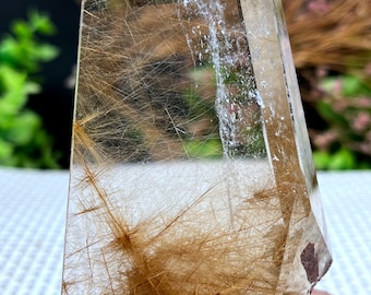 Peut inclure: Une pointe de cristal de quartz clair avec des inclusions de rutile dorées. Le cristal est facetté et a une pointe pointue. Il est posé sur une base en bois.