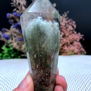 Rare Natural Large Included Garden Green Phantom Quartz Tower /Scenic Quartz Point/lodalite/energy stone/healing crystal/special gift
