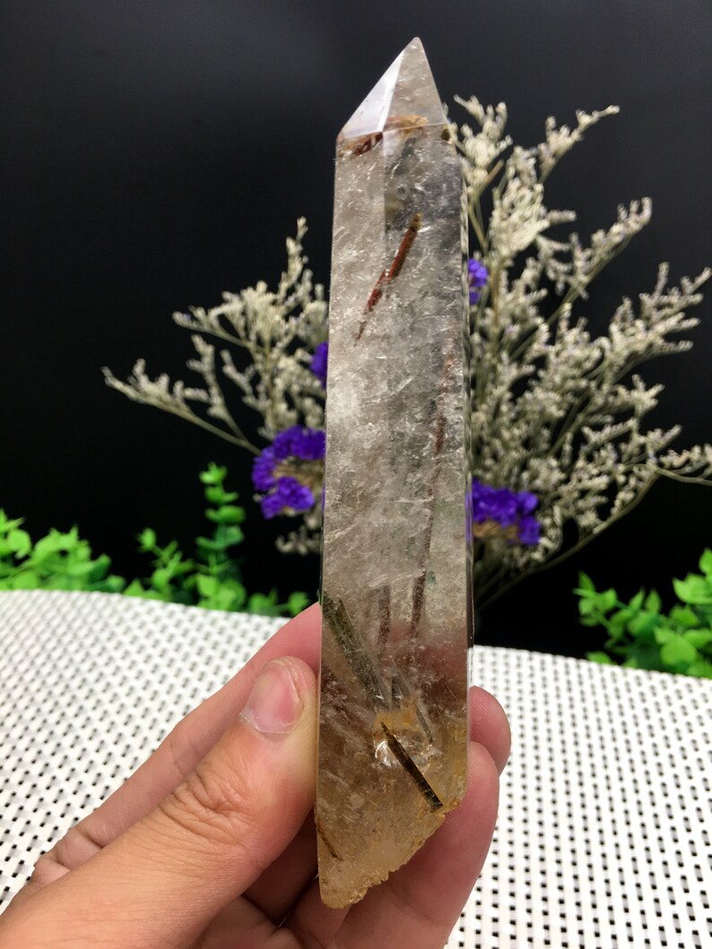 Rare Large Clear brown Rutilated Inclusions Quartz PointCrystal TowerGold Needles Crystal specimenspecial giftCrystal energyself stand